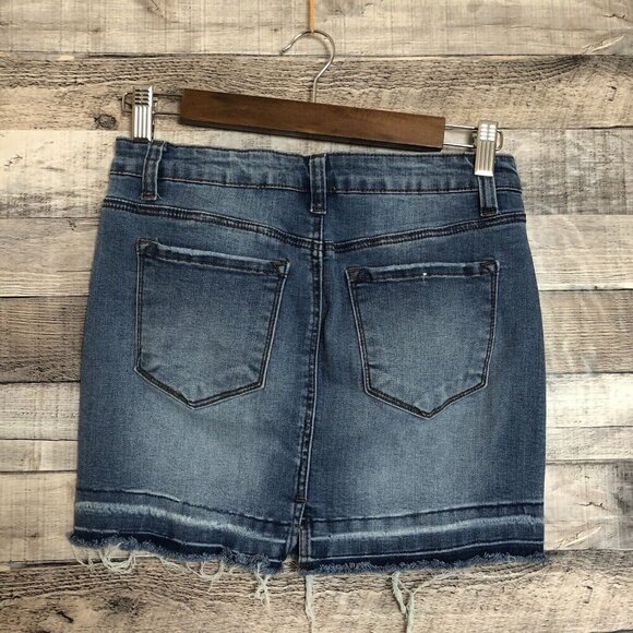 KanCan Denim Mini Skirt Size 25/3 Blue Jean Distressed Raw Hem Frayed - Picture 2 of 7